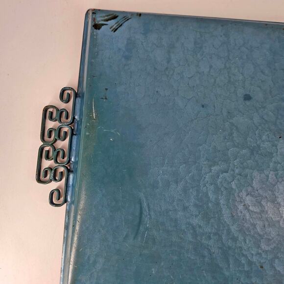 Vintage Mid Century Kyes Moire’ Glaze Brass and Enamel Teal Blue Tray 1960s 18" - Picture 4 of 5